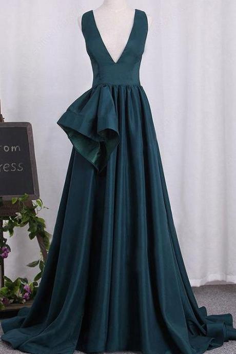 Chic Hunter Green Prom Dresses V-neck Satin Long 2018 Pageant Gowns Court Train M2864