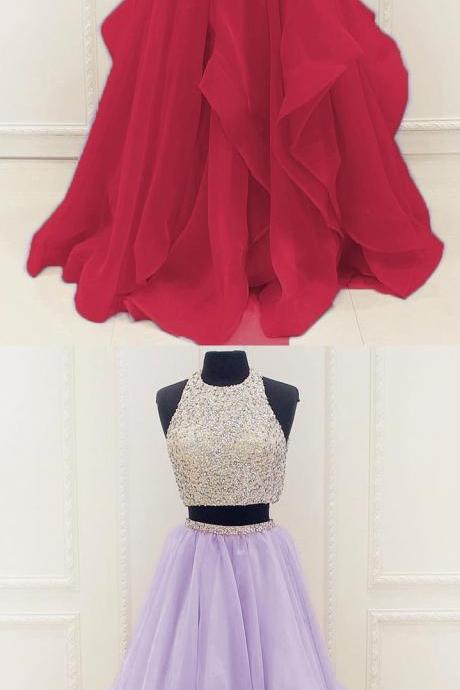 Red Beaded Prom Dress,two Pieces A Line Prom Dress,custom Made Evening Dress M2872
