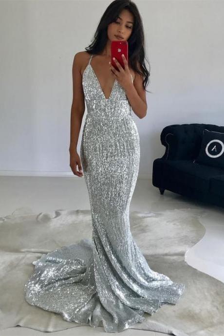 Shiny Sliver Mermaid Sequined Long Prom Dresses,sexy Spaghetti Straps V Neck Prom Party Dress M2876
