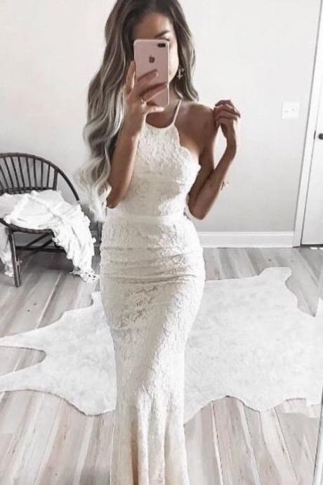 Sexy Mermaid Lace Prom Dress With Sash, Bodycon Halter Lace Party Dress With Sash M2885