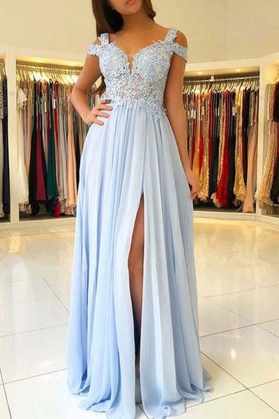 Light Blue Chiffon Split Long Prom Dresses With Lace Appliques M2902