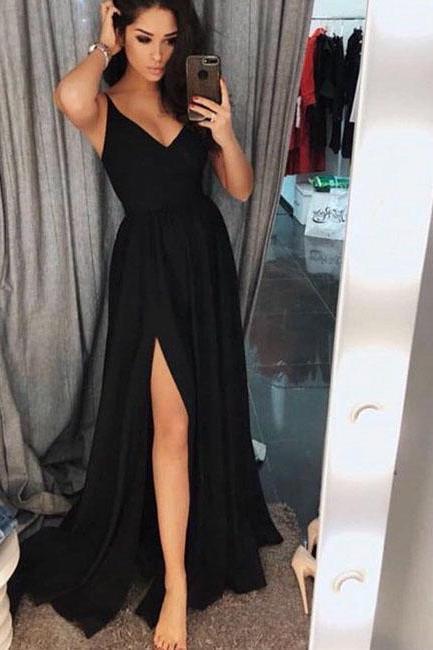 Black V Neck Long Prom Dress, Black Evening Dress M2946