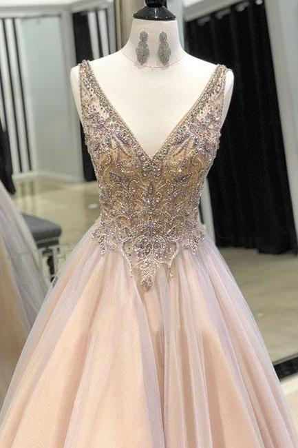 Champagne V Neck Tulle Long Prom Dress, Evening Dress M2949