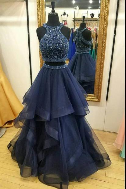Charming Navy Blue Prom Dress,two Piece Prom Dresses,ball Gown Prom Dress,long Party Dresses, 2 Piece Prom Dress, Beading Prom Dress M2976
