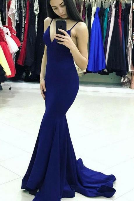 Royal Blue Satin Prom Dresses Mermaid Long Evening Dresses V Neck Spaghetti Straps Formal Gowns Sexy Party Pageant Dresses M2979