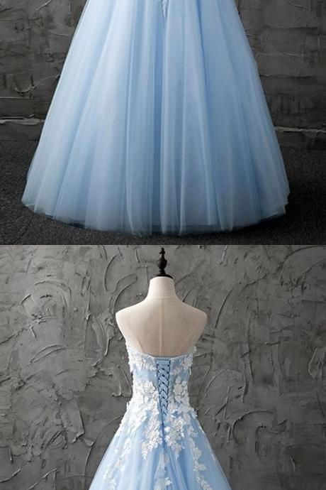 Sweetheart Blue Tulle Long Customized Evening Dress With Appliques M3012