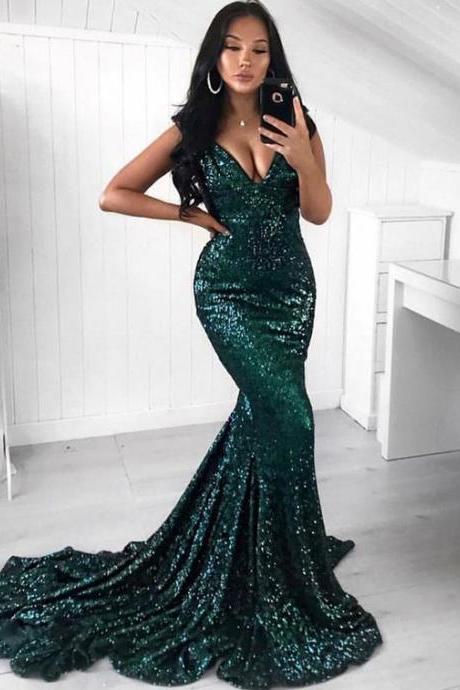 Mermaid Sweep Train V-neck Green Sequined Prom Dress M3014
