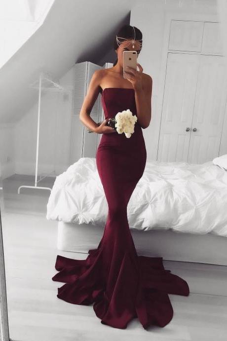2018 Sexy Strapless Burgundy Mermaid Long Prom Dress Formal Evening Dress M3017