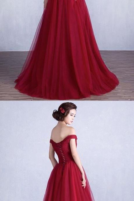 Graceful Princess Off-the-shoulder Tulle Ruffles Floor-length Lace-up Burgundy Prom Dresses M3057