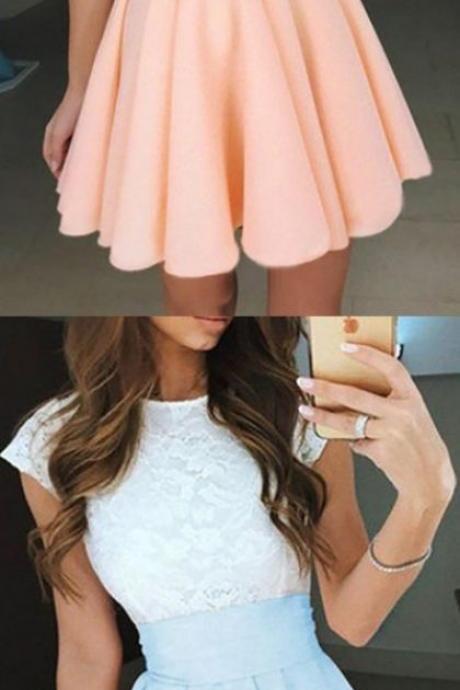 Pearl Pink Homecoming Dresses, Short Homecoming Dresses, Cap Sleeve Homecoming Dresses, Pleated Homecoming Dresses, Mini Prom Dresses M3073