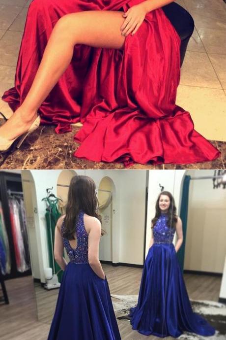 Crystal Beaded Halter Keyhole Back Satin Prom Dresses Two Piece M3159