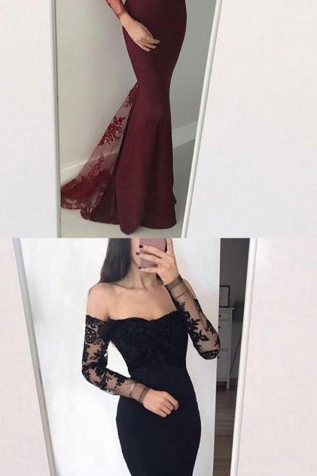 Modest Burgundy Mermaid Prom Dresses With Sleeves, Simple Off The Shoulder Black Evening Gowns, Unique Black Long Sleeves Party Dresses M3183