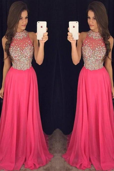 A-line High Neck Chiffon Tulle Sweep Train With Beading Nice Prom Dresses M3188