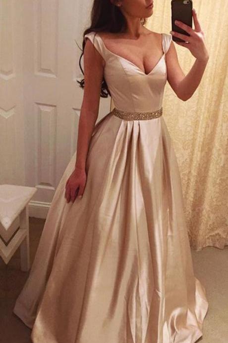 Exquisite Satin V-neck Neckline A-line Prom Dress With Beadings M3193