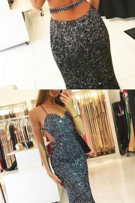 Spaghetti Straps Navy Blue Sequins Prom Dresses ,sexy Cross Back Luxury Beaded Mermaid Prom Dress For Teens M3224