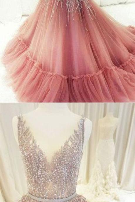 Unique V Neck Tulle Beaded Long Prom Dress, Pink Evening Dress, Pink Formal Dress M3262