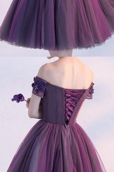 A Line Party Dresses, Purple Prom Dresses, Short Party Dresses With Flower Short Sleeve Off-the-shoulder M3282