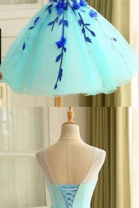 Round Homecoming Dresses, Light Blue Short Homecoming Dresses, 2018 Ball Gown Tulle Homecoming Dress Beautiful A Line Flower Short Prom Dress