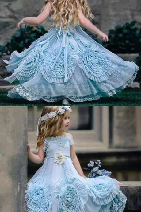 A-Line Spaghetti Straps Flower girl Dresses with Flowers Lace M3319