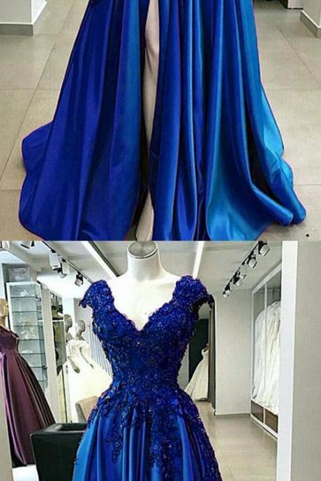 Royal Blue Lace Flowers Beaded Cap Sleeves V-neck Prom Dresses Split Evening Gowns M3332