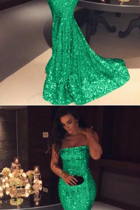 Green Sequin Prom Dresses Mermaid Strapless Evening Gowns M3339