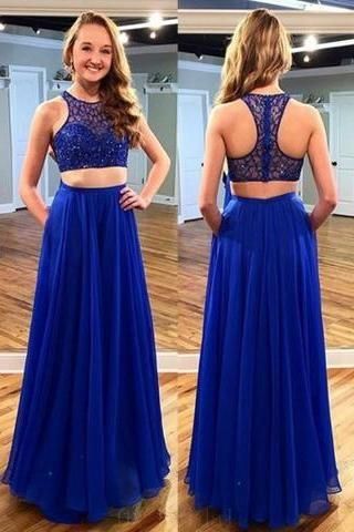 Stunning Two Piece Jewel Sleeveless Floor-length Royal Blue Prom Dress With Beading M3343
