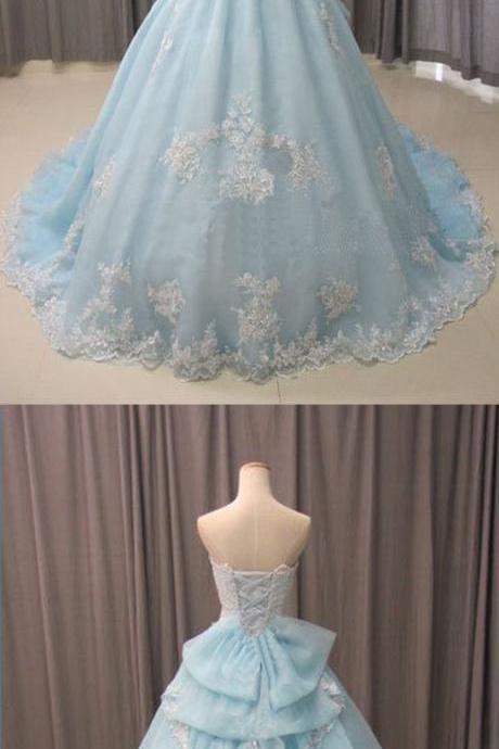 Blue Tulle Strapless Long Train Lace Formal Prom Dress, Evening Dress M3365