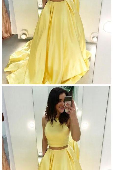Two Piece Prom Dresses,yellow Prom Dresses,long Prom Dress With Pockets,2 Pieces Evening Dresses M3368