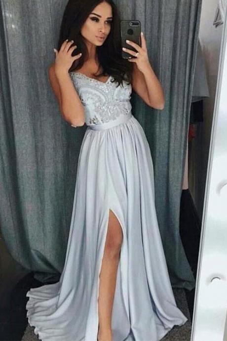 Sexy Gray V-neck Lace Long Prom Dress,split A-line Evening Dress M3372