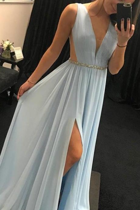 Light Sky Blue Long Prom Dress, Elegant V Neck Chiffon Long Prom Dress With Side Slit, Party Dress M3380