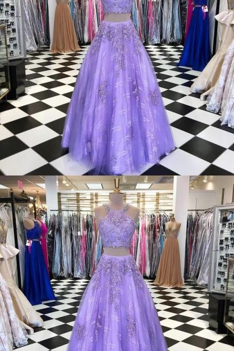 Two Piece Prom Dresses Halter Aline Tulle Long Chic Lace Lilac Prom Dress M3402
