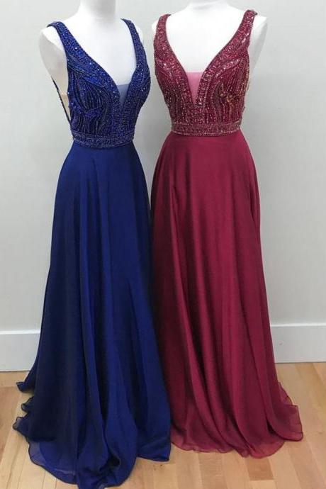 Long Chiffon V Neck Burgundy Prom Dresses Juniors Backless Beaded Formal Dresses Plus Size M3418