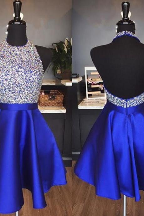 Halter Homecoming Dress,beaded Prom Gowns,short Prom Dress 2018,royal Blue Cocktail Dresses M3421