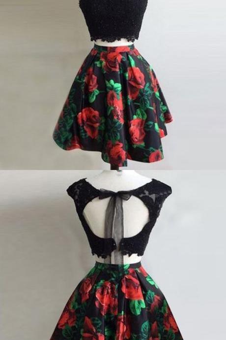 Two Piece Bateau Open Back Short Black Floral Homecoming Dress With Appliques M3423