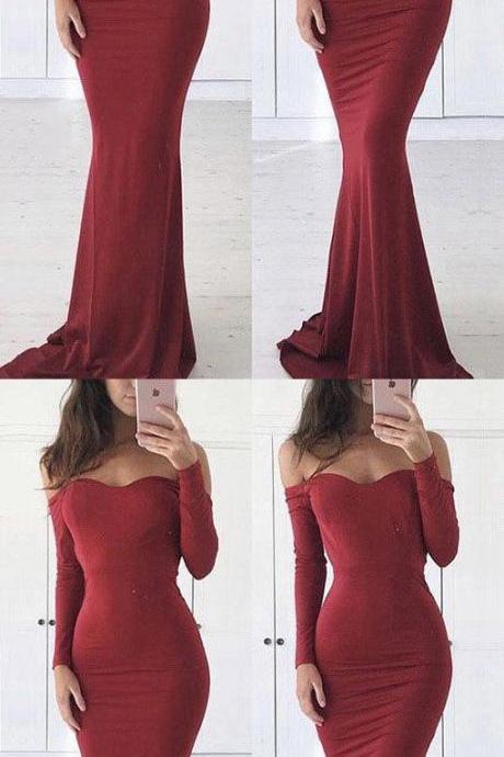 Burgundy Prom Dresses,long Prom Dresses Jersey, Off-the-shoulder Prom Dress M3453