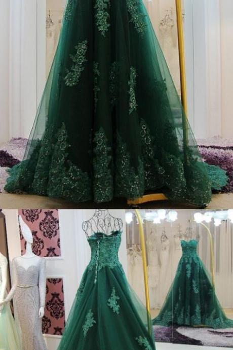 Green Floor Length Prom Dresses, Floor-length Long Prom Dresses, Sweetheart Lace Beading Long Green A-line Modest Prom Dresses M3454