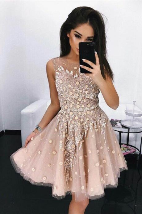 A-line Round Neck Short Blush Prom Dress With Beading M3472