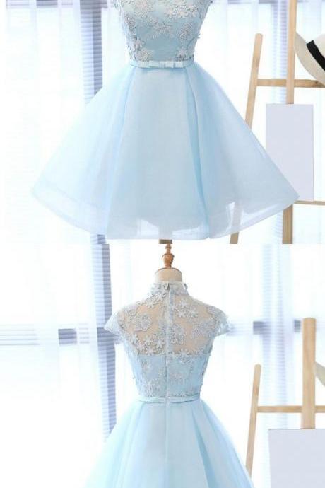 A-line High Neck Blue Tulle Homecoming Dress With Sash Appliques M3475