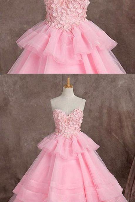 Pink Tulle Sweetheart Long Ball Gown, Long Formal Prom Dress With Appliqué M3494