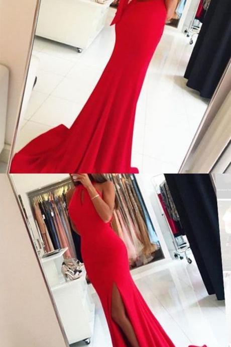 Sheath/column Halter Sweep Train Jersey Prom Dresses With Split Frot M3498