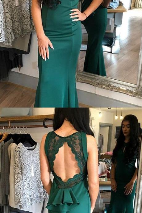 Mermaid Round Neck Open Back Dark Green Formal Dress With Lace Ruffles M3505