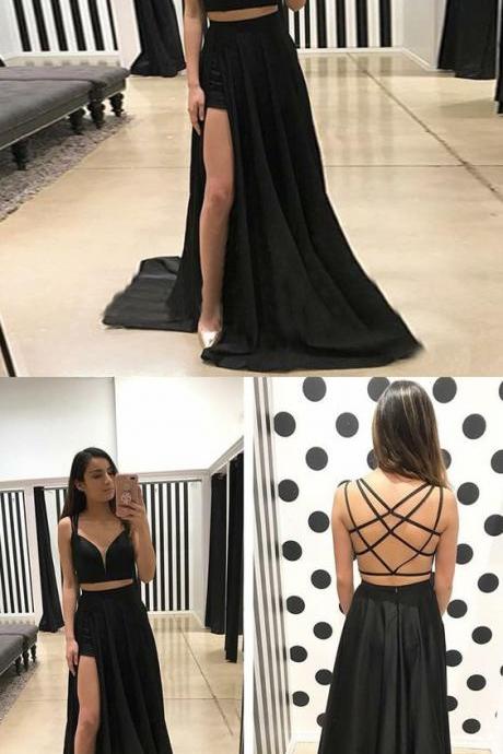 Two Piece Straps Sweep Train Black Prom Dress With Split M3508