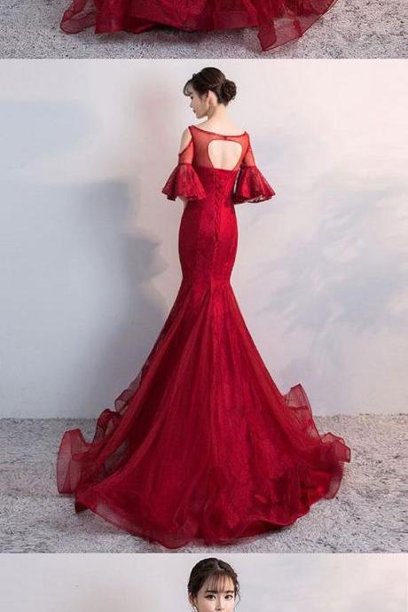Burgundy Round Neck Tulle Lace Mermaid Long Prom Dress, Evening Dress M3518