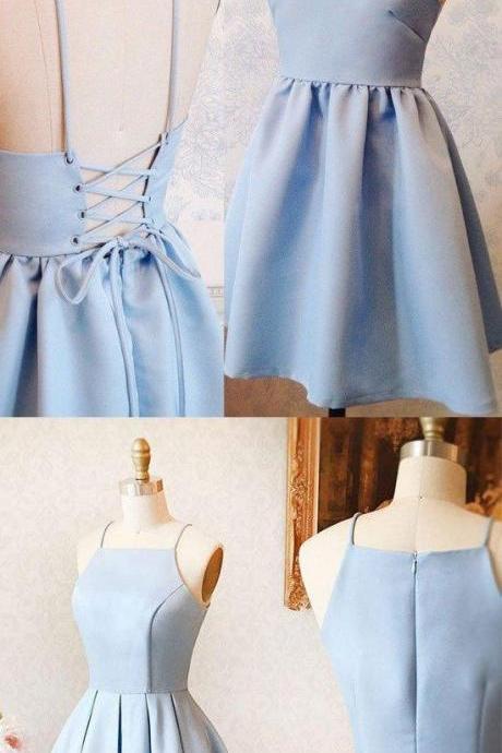 A-line Halter Lace-up Short Blue Satin Homecoming Dress M3526