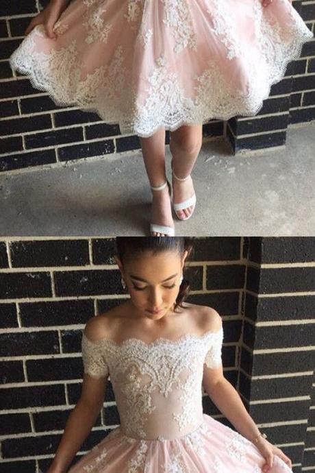 Elegant Lace Appliques Beaded Pink Homecoming Dresses Off The Shoulder M3560