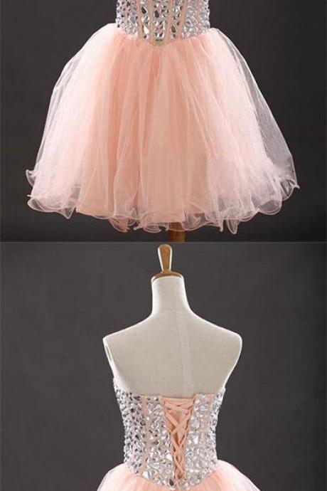 Blush Pink Homecoming Dress,Short Prom Dresses,Tulle Homecoming Gowns,Party Dress,Sparkly Prom Gown M3592