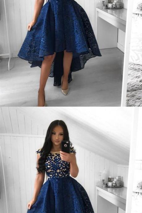 A-line Crew Cap Sleeves High-low Royal Blue Lace Prom Dress With Appliques M3593