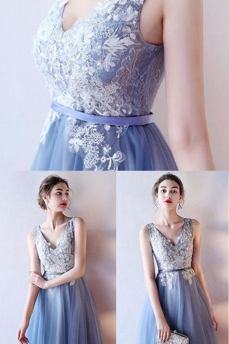 Cute Blue V Neck Lace Short Prom Dress, Homecoming Dresses M3613
