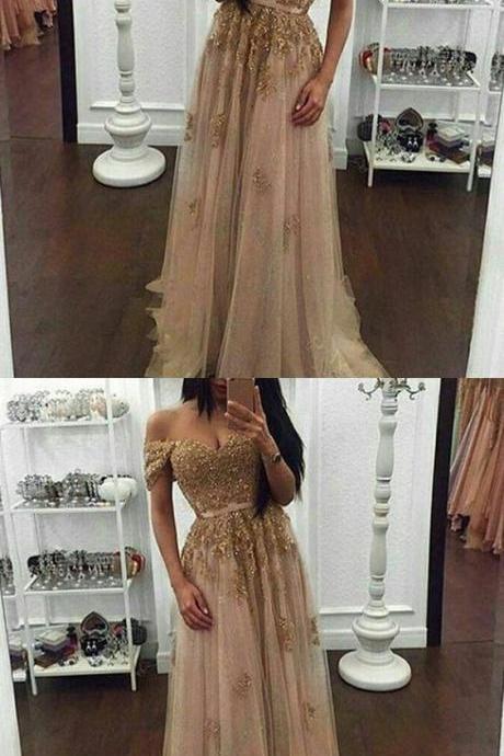 Modern Gold Prom Dress - Off Shoulder Short Sleeves Beaded Appliques With Sash M3635