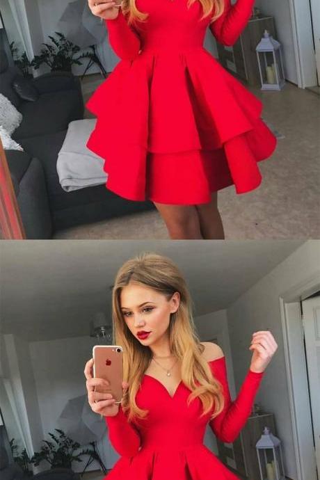 A-line Crew Neck Long Sleeves Short Red Tiered Homecoming Dress M3647
